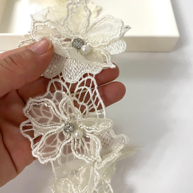 Buysk 2 Yards 3D Pearl Beads Flower Lace Trim Ribbon Floral Applique Embroidered Lace Fabric for Sewing DIY Crafts (Yellow) - Image 2